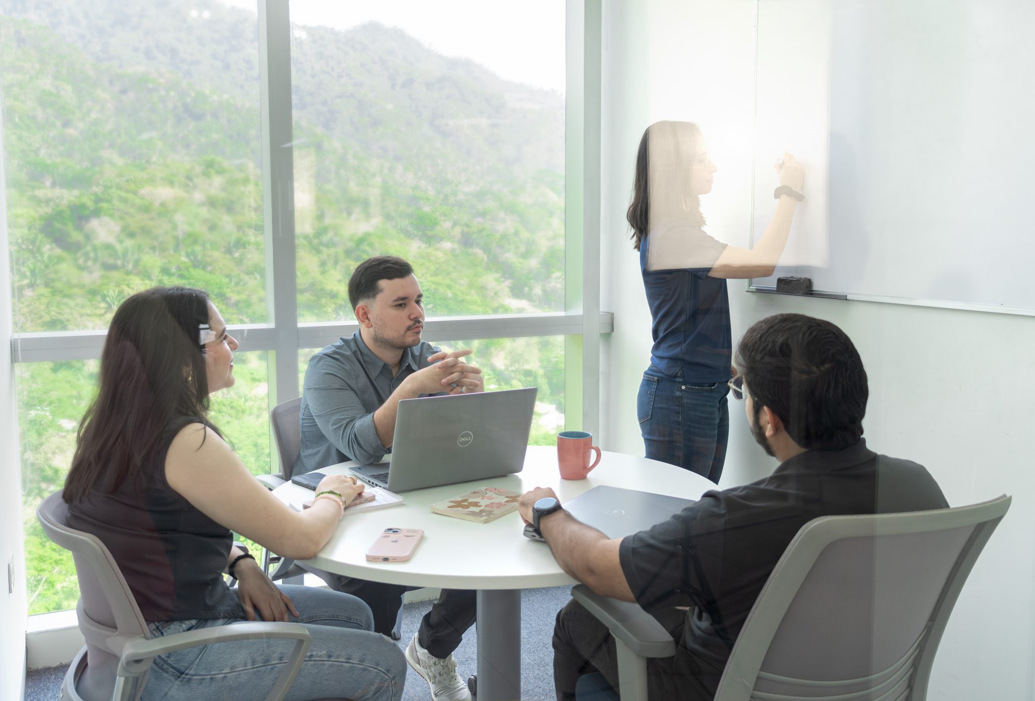 Work Ninjas team meeting in a glass-walled room with a mountain view, mapping a client's back office